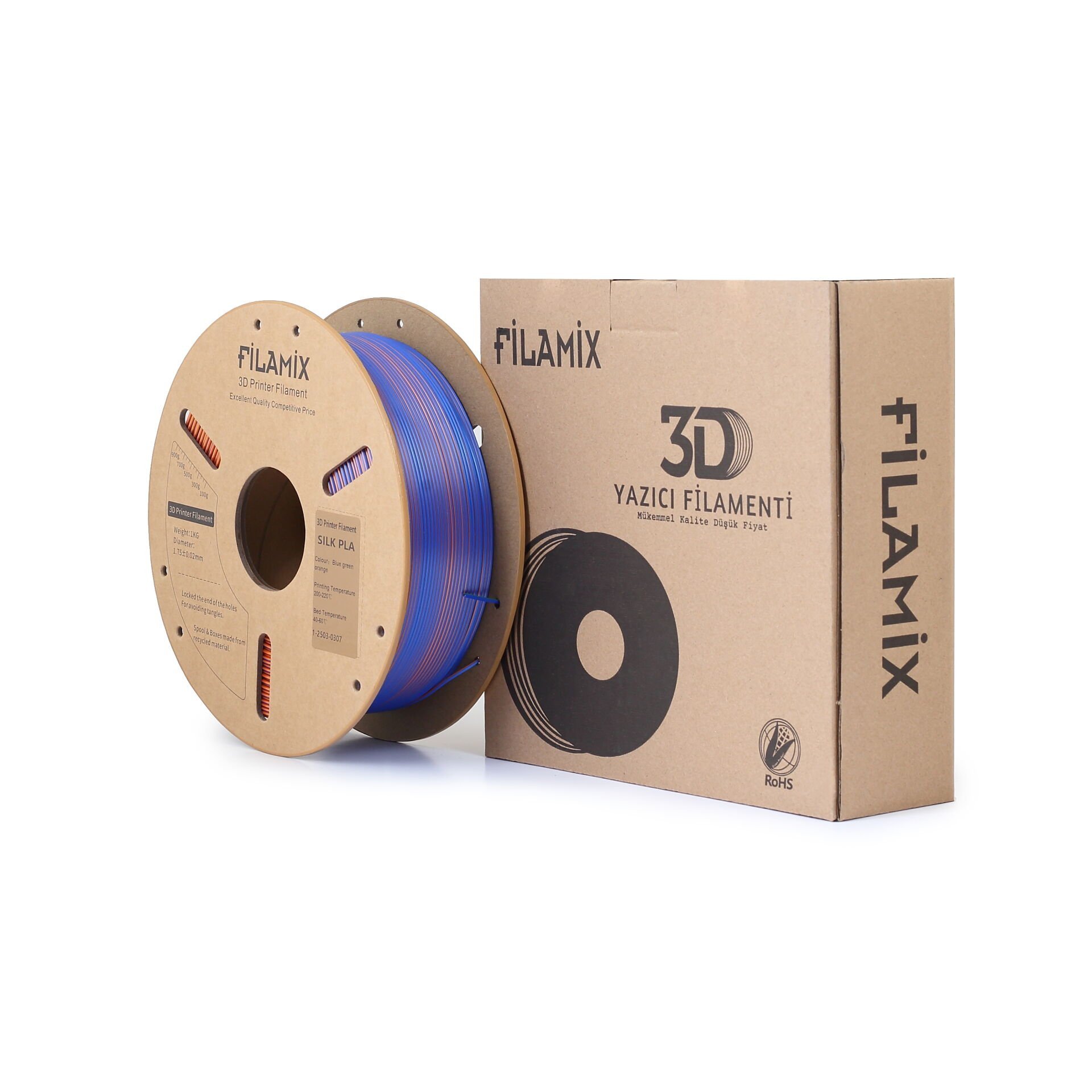 Filamix Mavi-Yeşil-Turuncu Silk Mystic Pla Filament 1.75mm. 1Kg