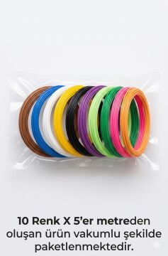 Vakumlu Pla Filament 10 Renk 5 Metre Toplam 50m. Karışık Renkler