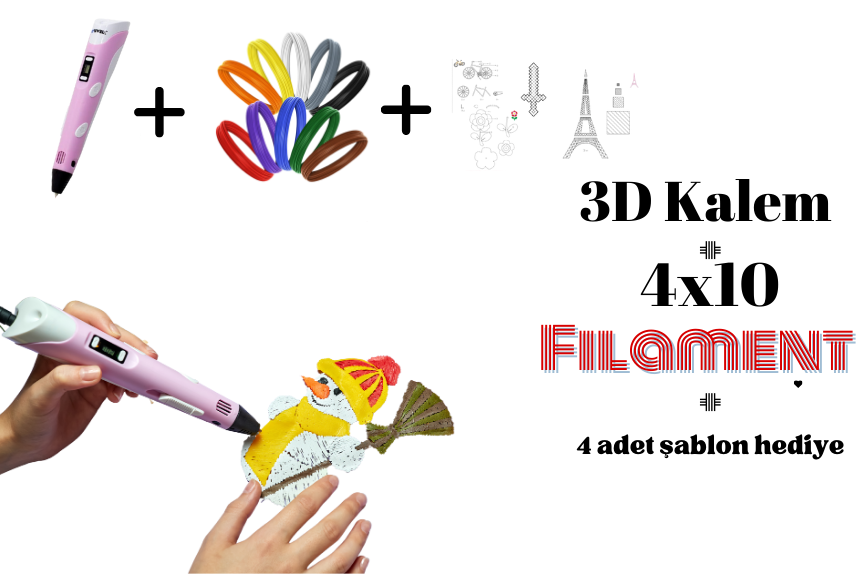 3D Kalem + 4 metre x 10 renk + Şablon