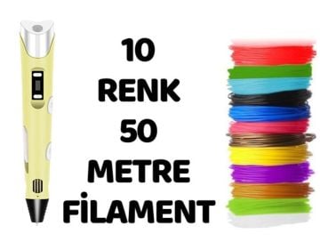 3D Yazıcı 3D Kalem Sarı RP-100B + 10 RENK X 5 METRE (50 METRE) FİLAMENT