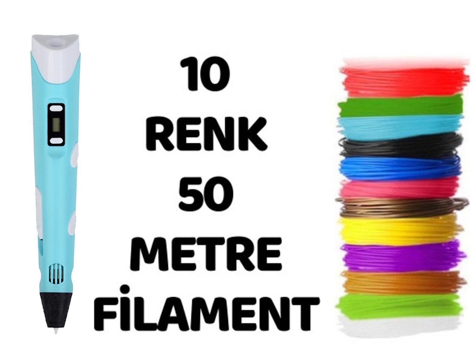 Mavi 3d Pen Üç Boyutlu Kalem 5 Metre 10 Adet Filement Ve Adaptor Ile Birlikte (50 METRE)