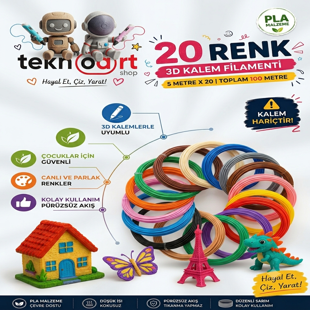(SADECE FİLAMENT) 3d Pen Filament Pla 1.75mm Pla 20 Renk X 5 Metre 3 Boyutlu Kalem Plastiği Flamenti