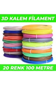 (SADECE FİLAMENT) 3d Pen Filament Pla 1.75mm Pla 20 Renk X 5 Metre 3 Boyutlu Kalem Plastiği Flamenti