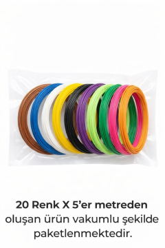 Vakumlu Pla Filament 20 Renk 5 Metre Toplam 100m. Karışık Renkler